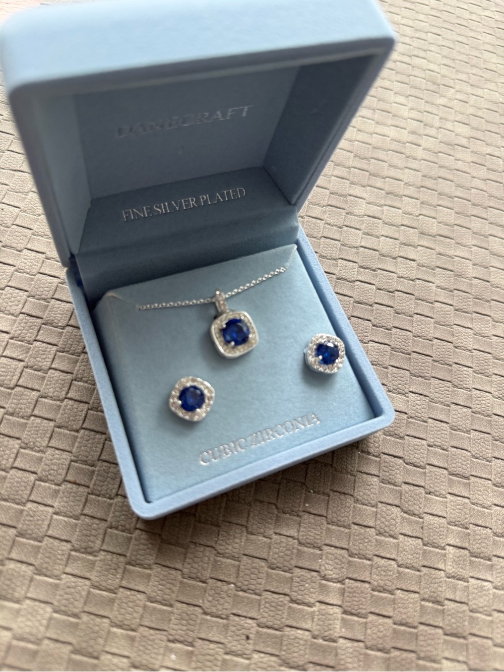 Danecraft  Silver-Plated Blue cubic Zirconia Necklace & Earring‎ Set NEW boxe